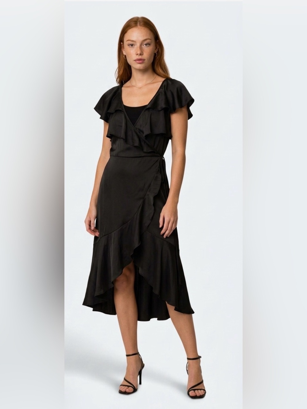 Altar’d State Amara Elegant Black Ruffle Faux Wrap Midi Dress XS